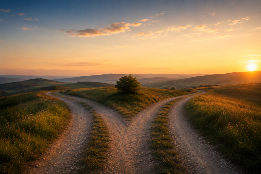 Estrada com bifurcação em uma paisagem ao pôr do sol, representando diferentes trajetórias e ritmos no processo terapêutico